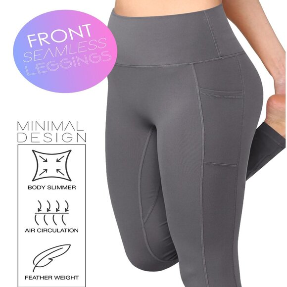 Women's Peached Seamless Front with Side Pockets Yoga Leggings Stone Grey M & XL - Picture 1 of 2